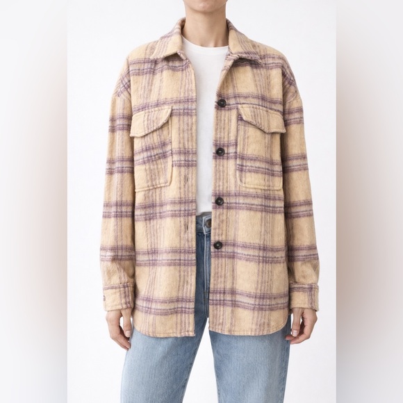 Pull&Bear Jackets & Blazers - Pull&Bear Plaid Shirt Jacket Beige Purple Wool Blend Size Medium